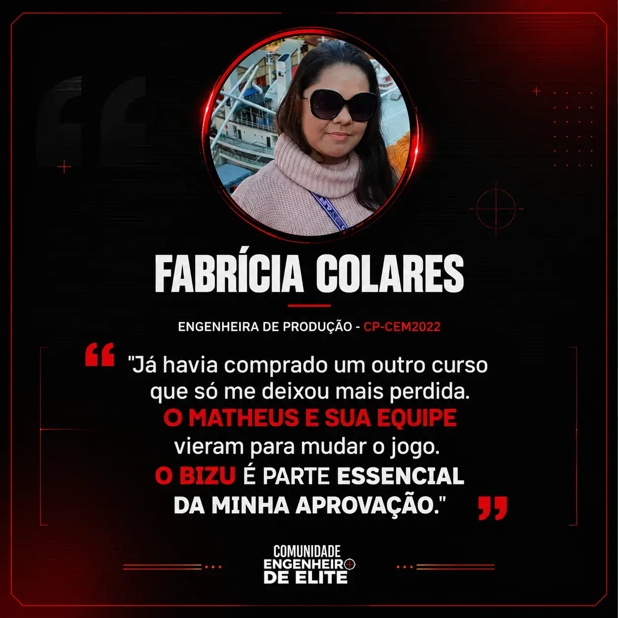 Depoimento de aluno aprovado da Comunidade Engenheiro de Elite, com foto, nome e concurso.