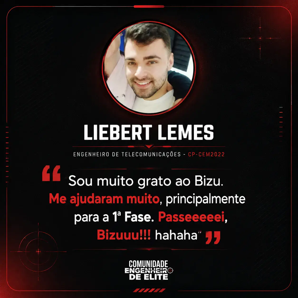 Depoimento de aluno aprovado da Comunidade Engenheiro de Elite, com foto, nome e concurso.