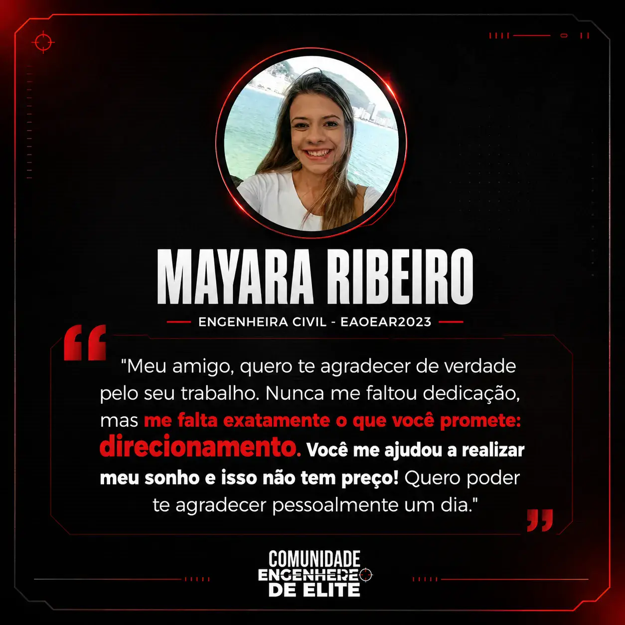 Depoimento de aluno aprovado da Comunidade Engenheiro de Elite, com foto, nome e concurso.