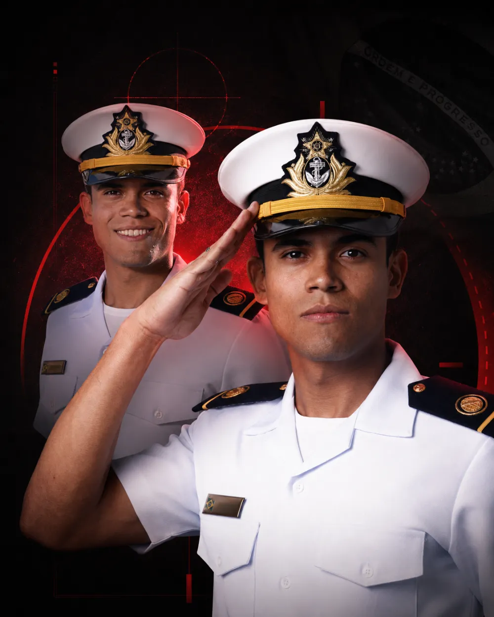 Oficiais engenheiros de farda branca da Marinha, um em continência